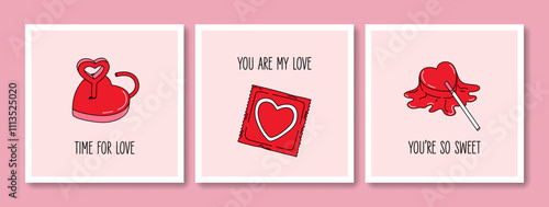 Hand drawn greeting cards set of Valentines Day and Love with typography. Vintage design with romantic elements and stickers. Vector doodle concept for print, banner, invitation, poster, flyer.