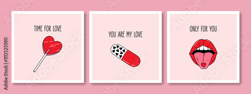 Hand drawn greeting cards set of Valentines Day and Love with typography. Vintage design with romantic elements and stickers. Vector doodle concept for print, banner, invitation, poster, flyer.