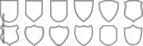 Shield icons set, shield vector, police badge shape. Vector military shield silhouette on white background. 
