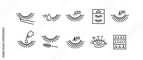 Eyelash Extension Icons. 10 eyelash extension trendy minimal icons. Tweezer, Eyelash, Lash Glue, Eye, Mascara icons. Design signs for web, mobile app, packaging design. Vector illustration