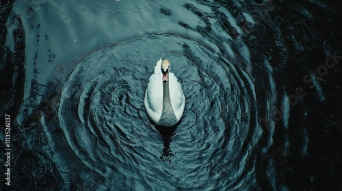 Fototapeta Naklejka Na Ścianę i Meble -  Graceful white swan swimming in dark water, creating ripples.