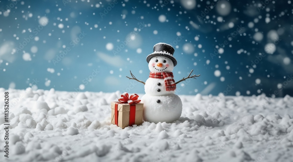 Fototapeta premium Snowman in a snowy winter day. Merry christmas and happy new year. Snowman on the snowy winter background.