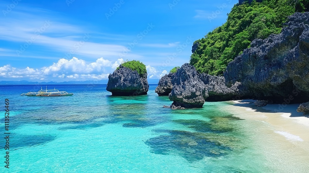 Fototapeta premium A tranquil beach with turquoise waters and unique rock formations, perfect for a peaceful getaway