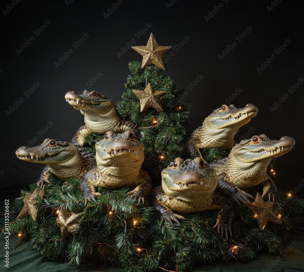 Fototapeta premium Christmas tree made of crocodiles and decorated with alligators, humorous design, quirky holiday