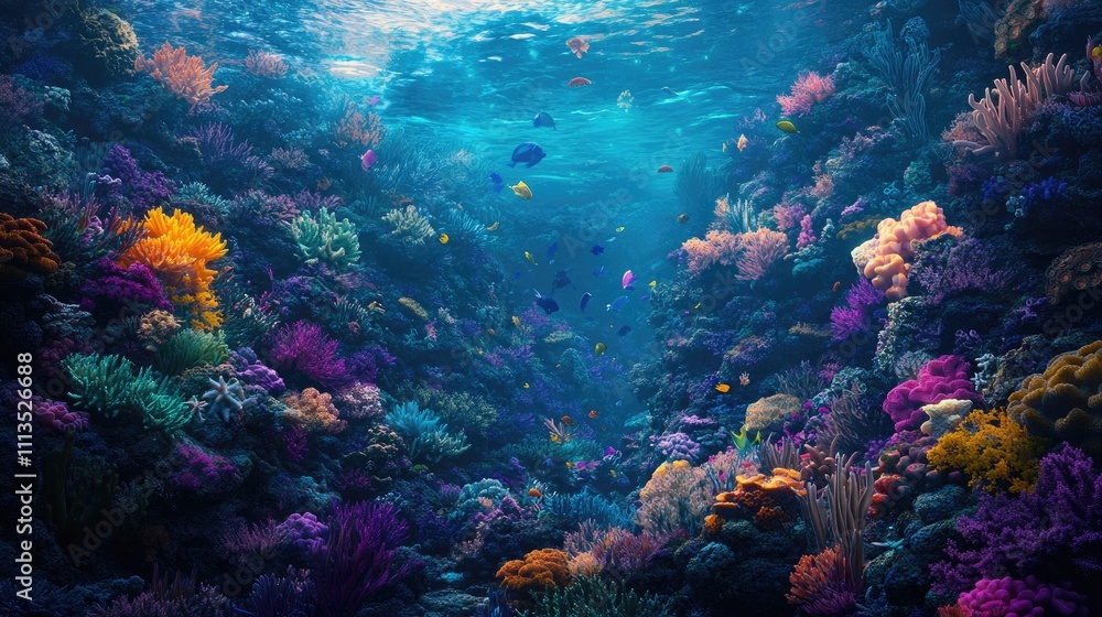 Naklejka premium A vibrant coral reef teeming with marine life, showcasing the colorful and fascinating world beneath the waves