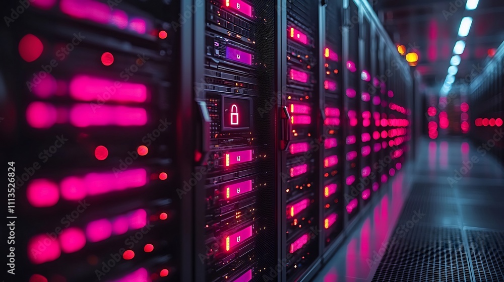 Futuristic Server Room with Glowing Locks and Hovering Shields Protecting Sensitive Data Futuristic Server Room with Glowing Locks and Hovering Shields Protecting Sensitive Data