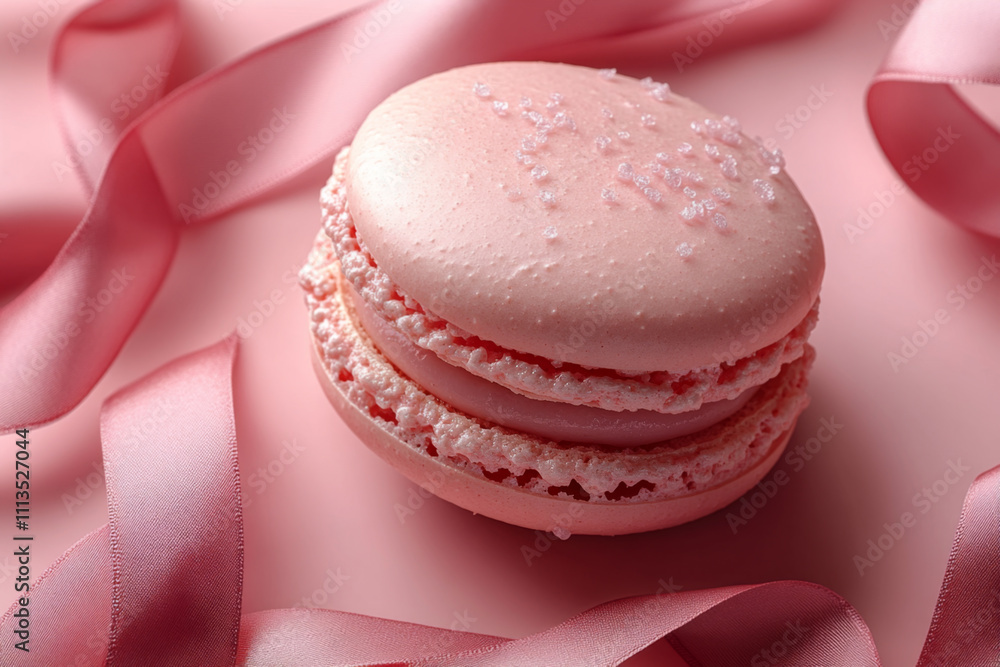Pink Macarons with Ribbon on Pink Background Pink Macarons with Ribbon on Pink Background