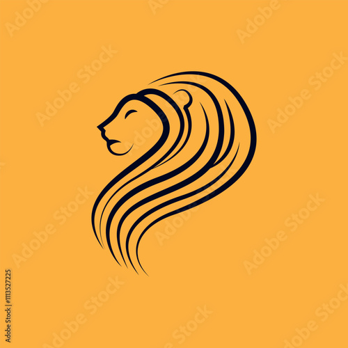 An elegant logo with an abstract lion head design using smooth curved lines, giving a luxurious and strong impression. Black and gold colors reinforce the exclusive image