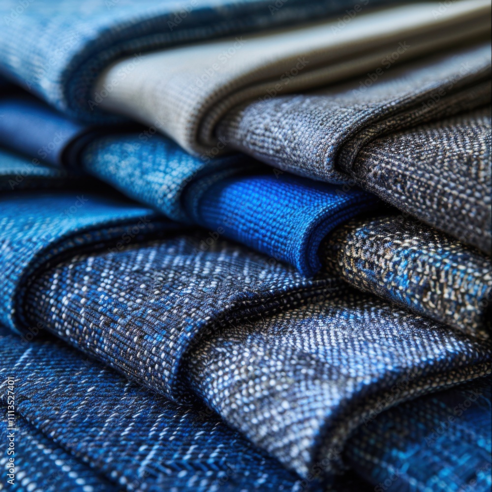Samples of clothing materials are on display, with diverse shades and quality materials in shades such as blue, grey and black. Samples of clothing materials are on display, with diverse shades and quality materials in shades such as blue, grey and black.