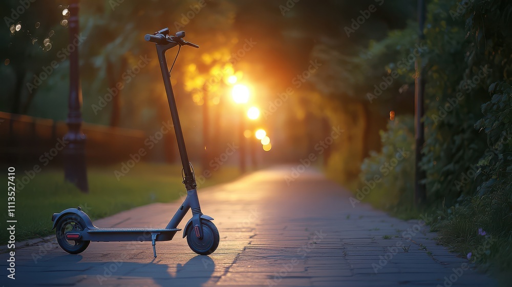 Serene Evening Scene of an Abandoned Electric Scooter on a Peaceful Pathway Surrounded by Warm Street Lights and Greenery in a Urban Park Serene Evening Scene of an Abandoned Electric Scooter on a Peaceful Pathway Surrounded by Warm Street Lights and Greenery in a Urban Park