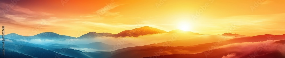 A beautiful mountain range with a bright orange sun in the sky A beautiful mountain range with a bright orange sun in the sky