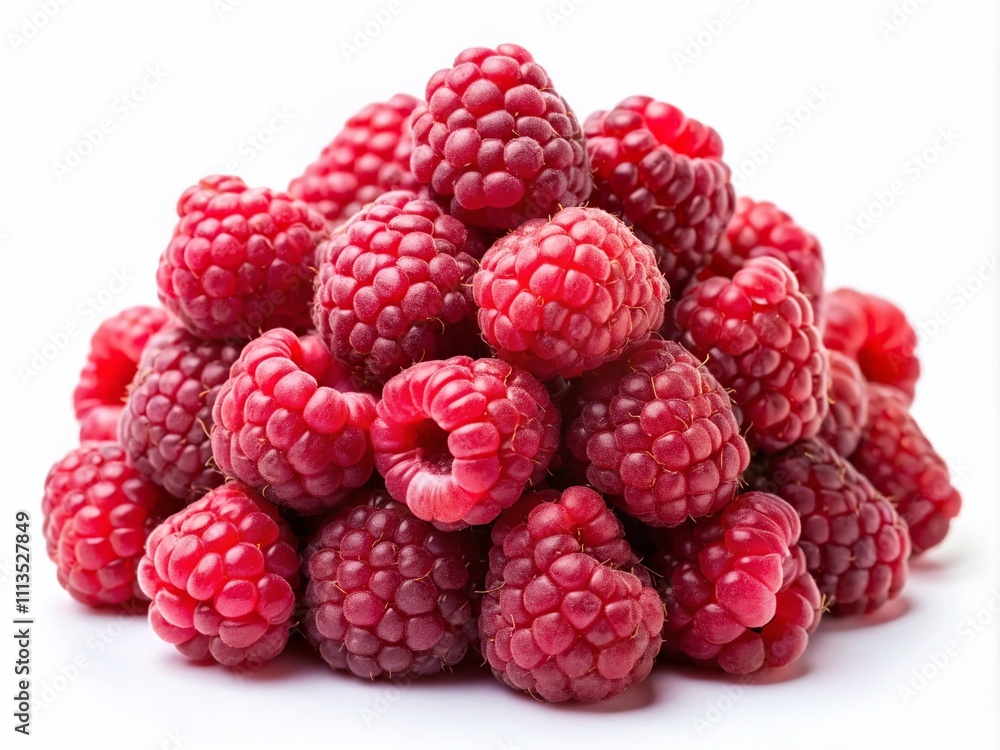 Low Light Raspberry Close-up, Fresh Berries, White Background Low Light Raspberry Close-up, Fresh Berries, White Background