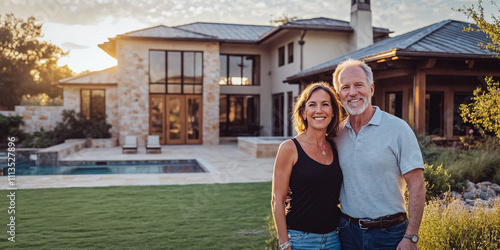 An Attractive Older Couple Poses in Front of Their Luxury Home