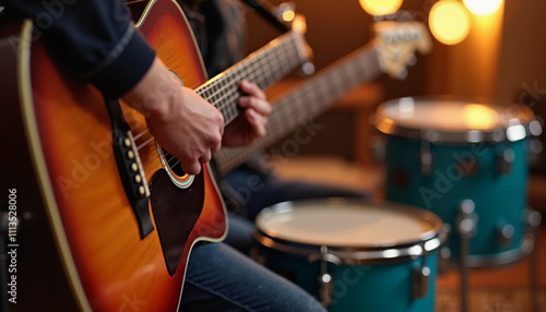 Strumming melodies in a cozy studio during an evening jam session with friends