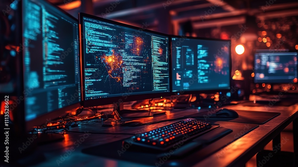 Programmer's workspace with multiple monitors displaying code. Programmer's workspace with multiple monitors displaying code.