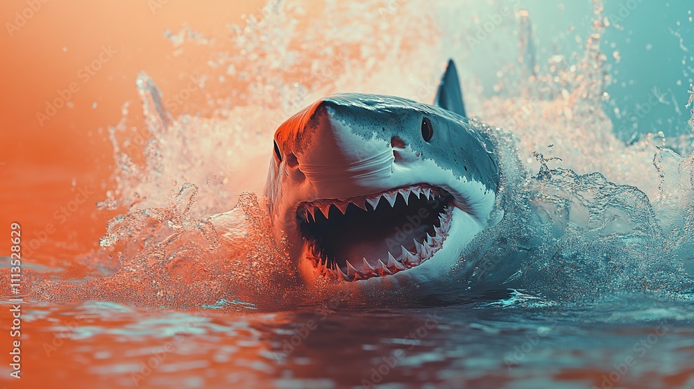 Obraz premium Great White Shark Emerges from the Ocean Depths