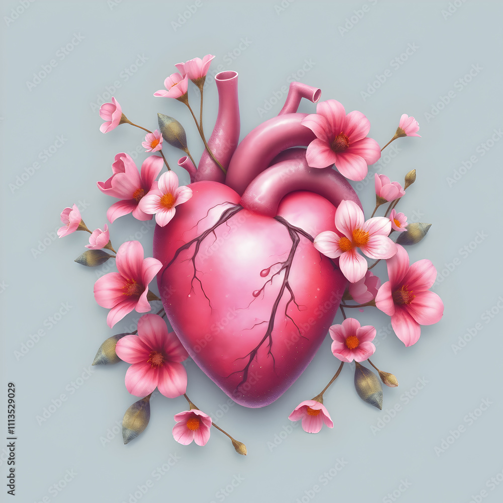 Surreal Pink Heart Adorned with Blooming Flowers in Art Surreal Pink Heart Adorned with Blooming Flowers in Art
