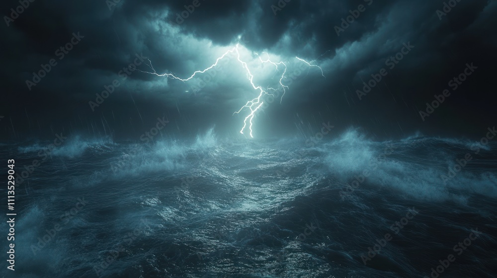 Stormy Ocean Scene With Lightning Strike Stormy Ocean Scene With Lightning Strike