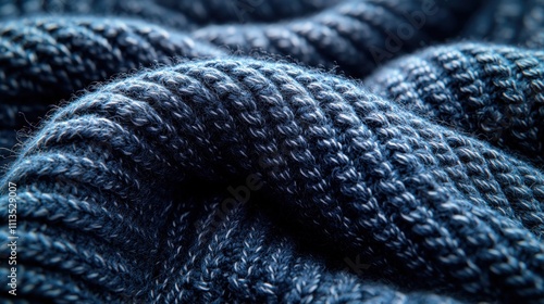 Close-up texture of blue knitted fabric creating waves and patterns