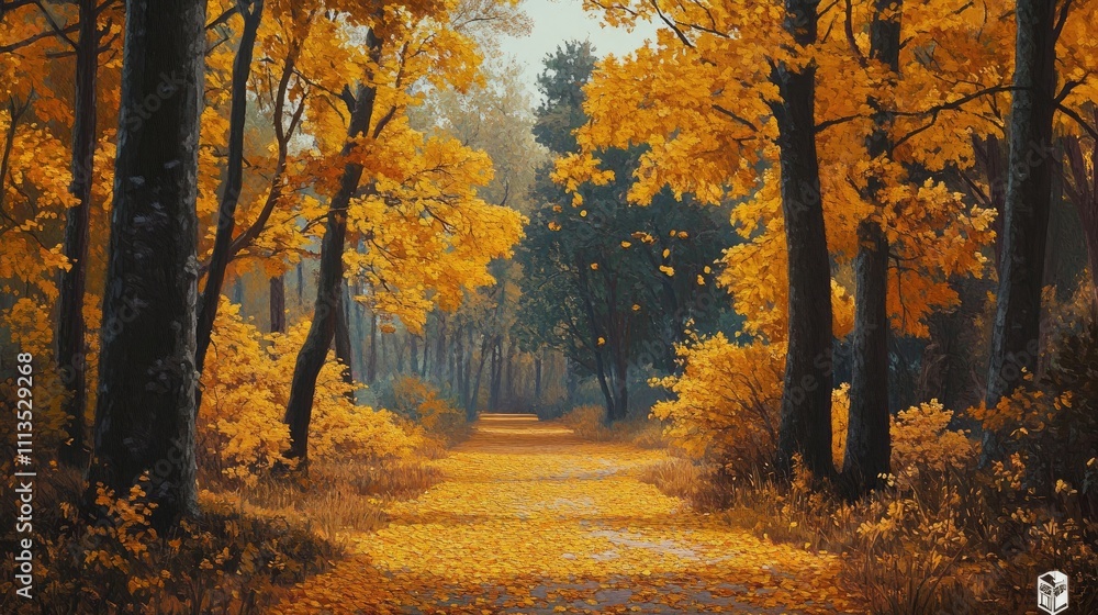 Fototapeta premium Vibrant autumn forest with a carpet of golden leaves, creating a picturesque and enchanting natural scene
