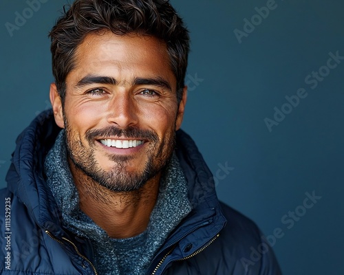Handsome Man in Sporty Jacket Captured in Candid Moment of Laughter Exuding Charm and Authenticity