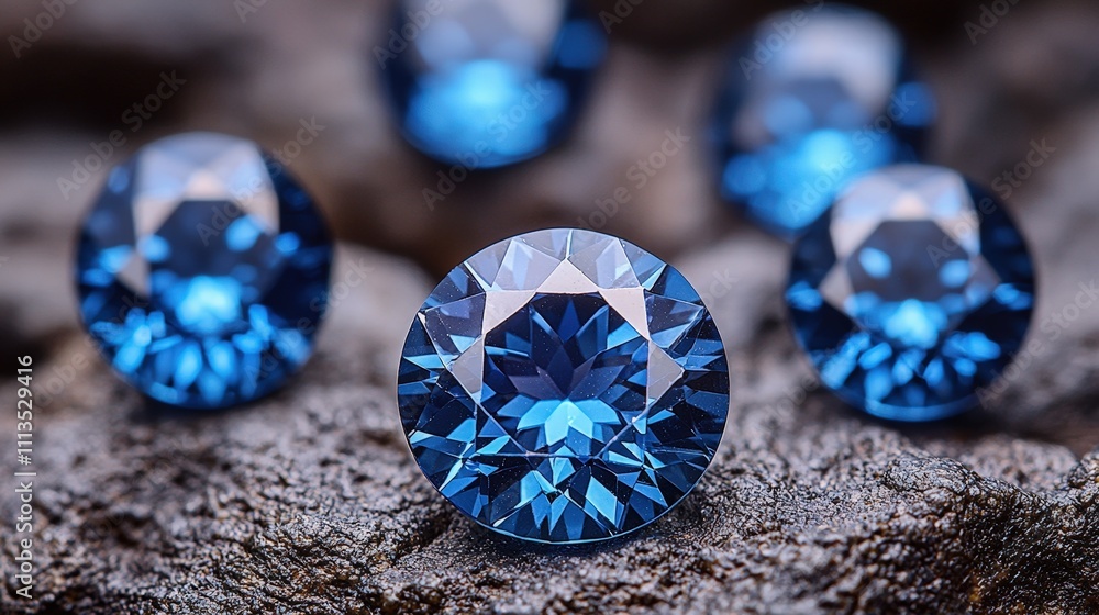 Brilliant blue sapphires on textured stone surface Brilliant blue sapphires on textured stone surface