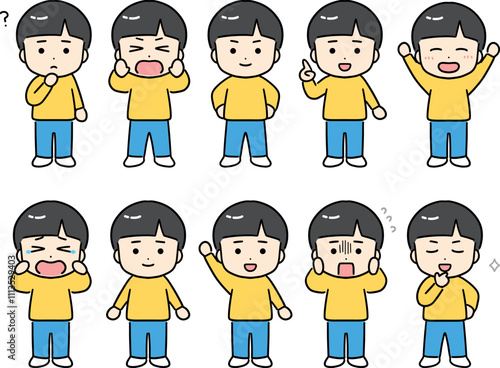 黄色の服を着た男の子のいろんな表情やポーズのセット