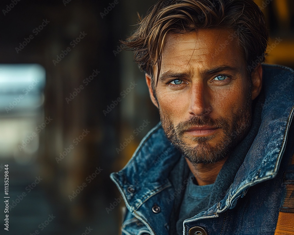 Fototapeta premium Confident and Ruggedly Handsome Man in Denim Jacket Stands Amid Industrial Backdrop