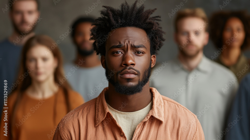 Determined young man surrounded by a group. Determined young man surrounded by a group.