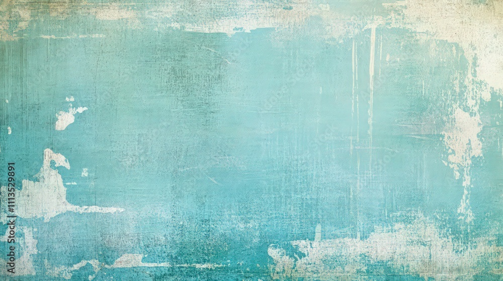 Fototapeta premium A serene grunge background in light teal and turquoise hues, with faded areas, peeling textures, and subtle scratches giving a worn yet calming effect.