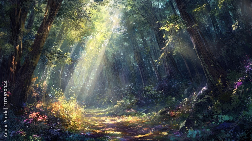 Fototapeta premium A magical forest with sunbeams streaming through tall trees, inviting exploration and peaceful moments