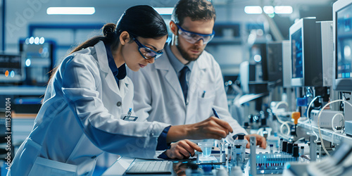 Two professionals in lab coats collaborating on electronic devices in a modern laboratory setting