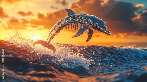 Dolphin Leaping Out of Tropical Ocean at Dramatic Sunset Scenery