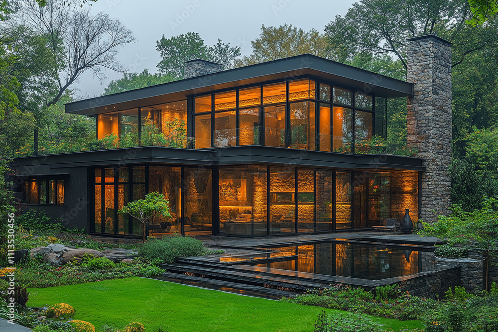 Modern Luxurious Home Illuminated at Dusk in Wooded Setting Modern Luxurious Home Illuminated at Dusk in Wooded Setting