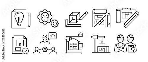 Engineering icons. Set of 10 engineering trendy minimal icons. Compass, Drafting Tool, Construction Worker icons. Design signs for web page, mobile app, technical documentation. Vector illustration