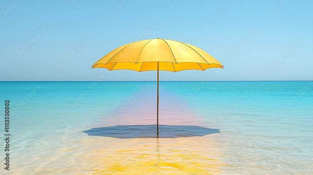Yellow beach umbrella in shallow turquoise water. Yellow beach umbrella in shallow turquoise water.