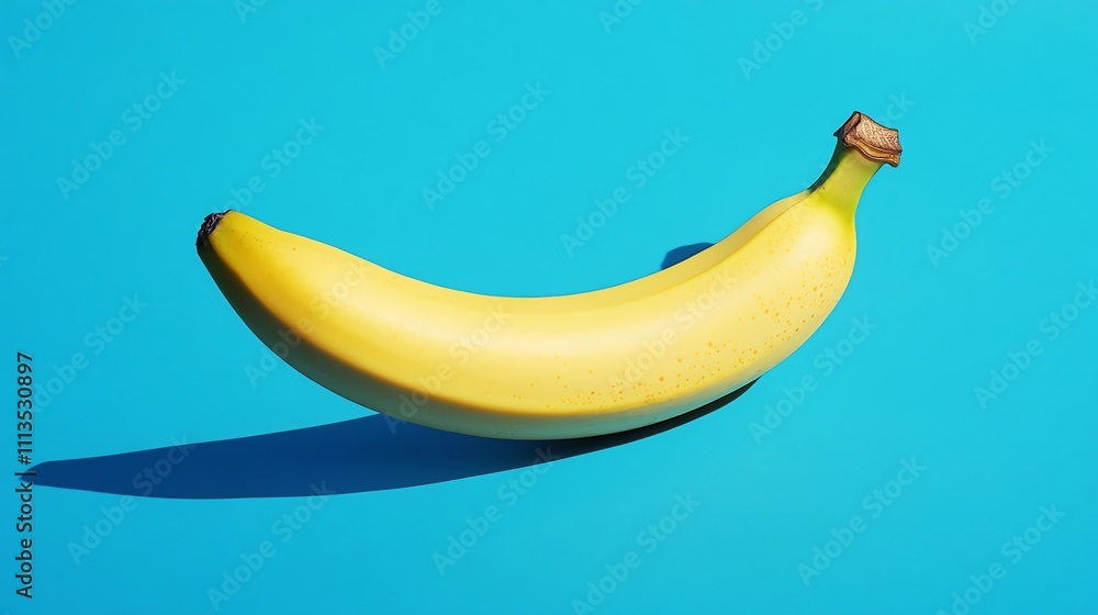 A single yellow banana with a shadow on a blue background. A single yellow banana with a shadow on a blue background.