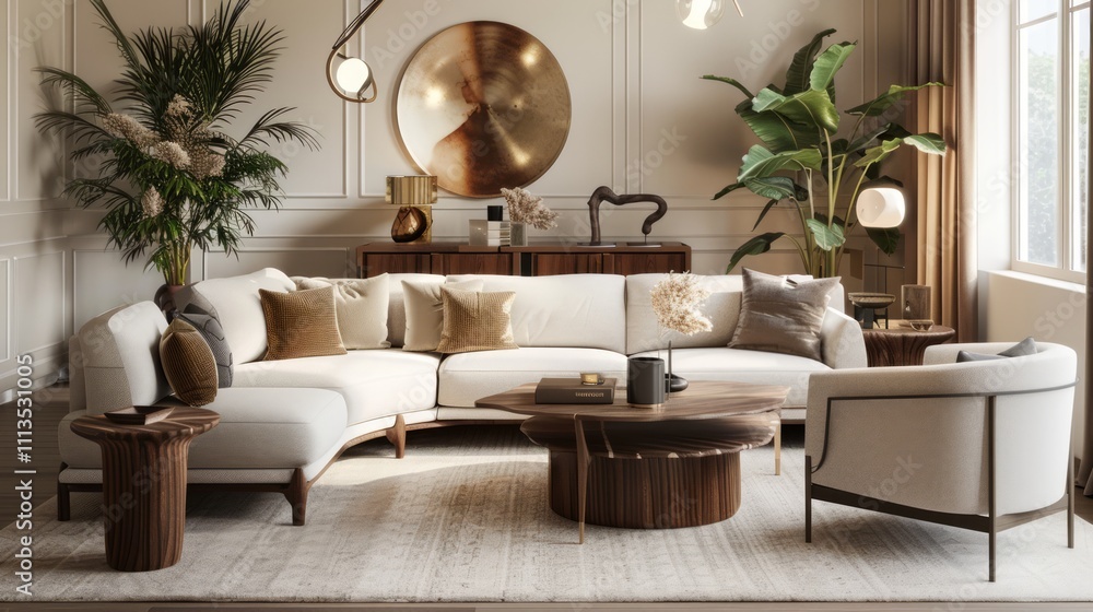 Fototapeta premium Elegant living room design modern apartment interior decoration bright environment wide viewpoint cozy concept for home style