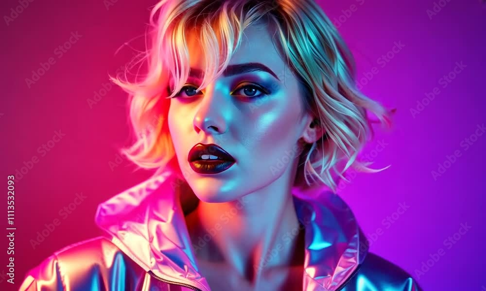 Stunning model showcases vibrant beauty in neon-lit urban setting with striking expressions and captivating style Stunning model showcases vibrant beauty in neon-lit urban setting with striking expressions and captivating style