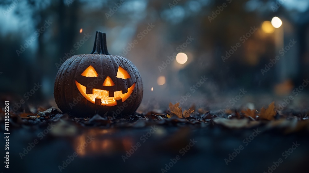 Naklejka premium Spooky Jack-o'-lantern on a Foggy Halloween Night