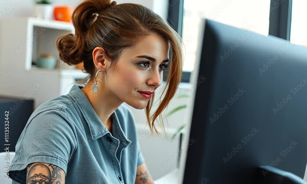 Thoughtful woman working on her computer in a bright, modern office space Thoughtful woman working on her computer in a bright, modern office space