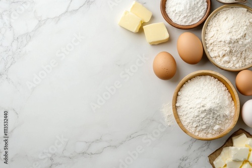 High-angle view of assorted baking ingredients on marble surface culinary inspiration kitchen environment standard quality for recipe development