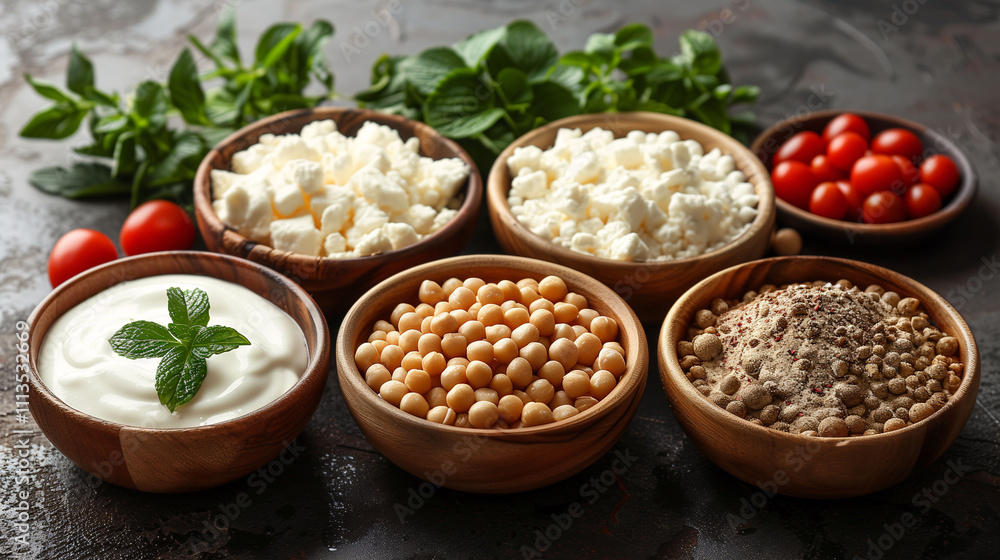 Assorted Vegan Protein Sources in Wooden Bowls Assorted Vegan Protein Sources in Wooden Bowls