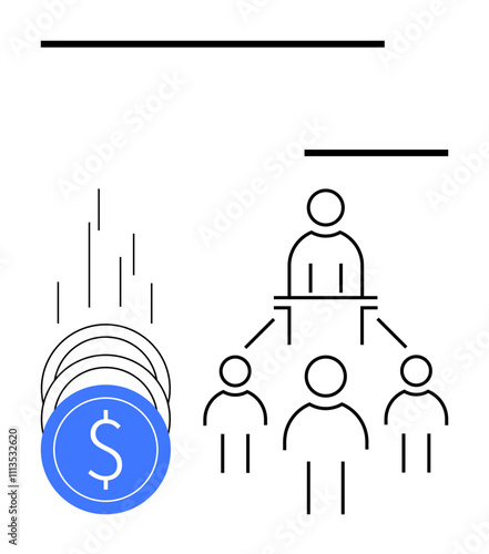 Individual at top leading team of three subordinate figures with falling coins on left. Ideal for business management, finance, leadership, corporate structure, team dynamics, economy, and investment