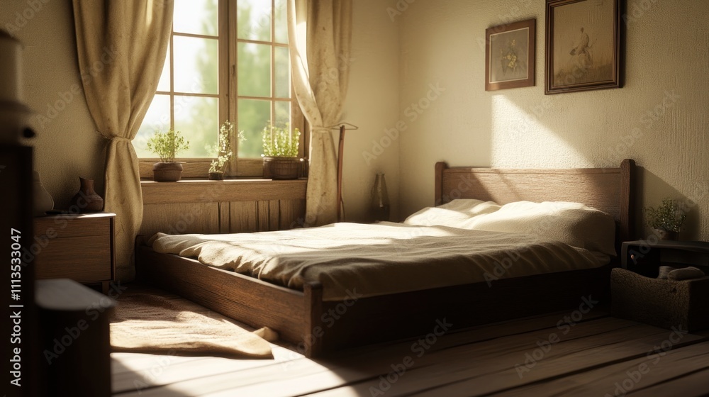 Fototapeta premium Sunlit Bedroom With Wooden Bed And Rustic Decor