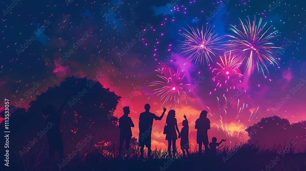 A group of friends enjoying a fireworks show in the park A group of friends enjoying a fireworks show in the park