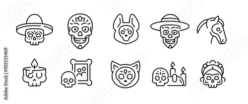 Dia de Muertos icons. Set of 10 Day of the Dead-themed trendy minimal icons. Sugar Skull, Marigold Flower, Cross, Sombrero, Skull Candle icon. Design signs for web pages, apps. Vector illustration