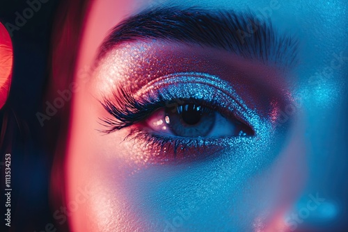 Mesmerizing Glow: Woman's Eye with Glittery Makeup in Neon Blue and Purple Light