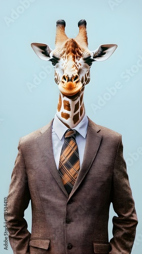 A giraffe in a brown office suit with a plaid tie, casually standing with arms by its sides in front of a light blue background. photo