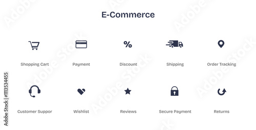E-Commerce icons set featuring shopping cart, payment, and shipping symbols, transparent background.